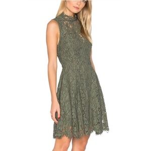 Keepsake Dress Women XS Green Porcelain Open Back Mock Neck Mini Lace Floral